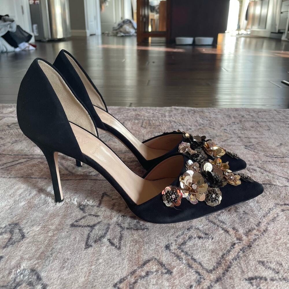 J. Crew Collection SZ 10 Elsie Floral Sequin D'Orsay Pumps Black Suede Heels EUC - Picture 2 of 10